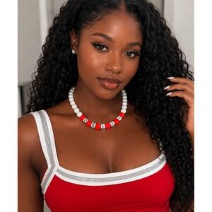 Delta Sigma Theta Necklace Red and White Pearls with Silver Delta Blocks